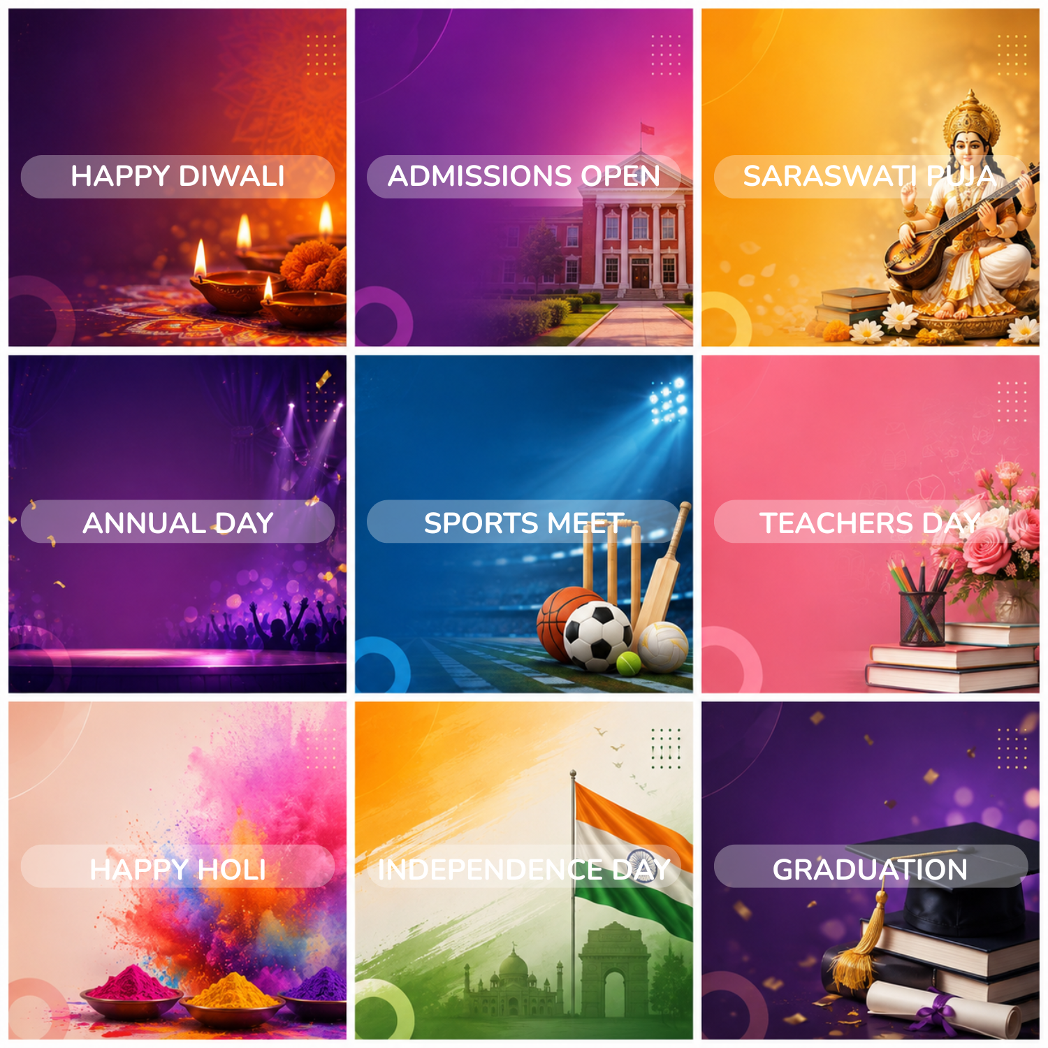 A grid of generic school social media posts — Happy Diwali, Admissions Open, Saraswati Puja, Annual Day, Sports Meet, Teachers Day, Happy Holi, Independence Day, Graduation — all looking identical.